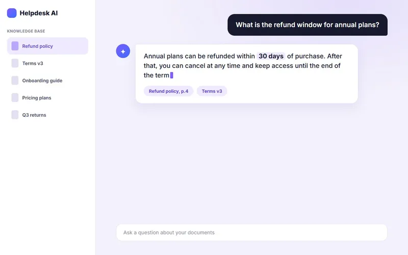 Sample AI assistant answering a question with cited sources from company documents