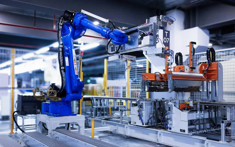 A blue industrial robot arm on an automated factory assembly line with orange machinery and conveyor rails