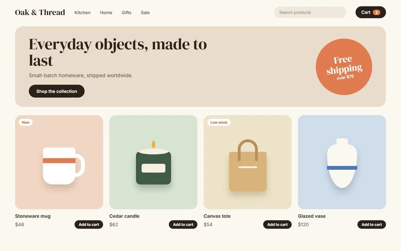 Sample online store with a product grid shown on a desktop monitor