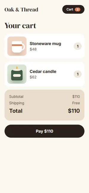 Sample shopping cart and checkout on a phone