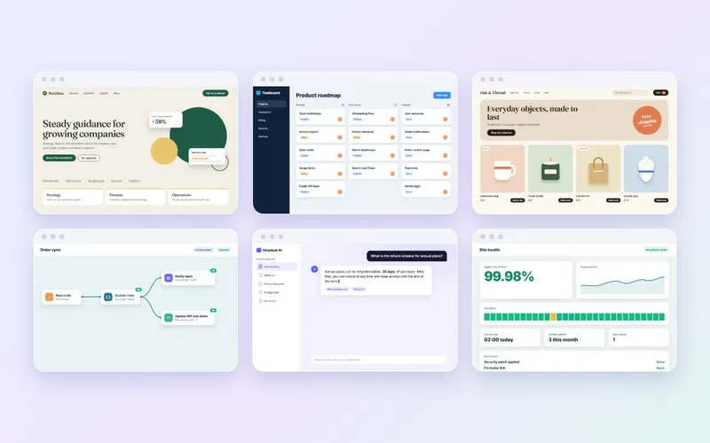 Six sample project screens: a website, a web app, an online store, a workflow, an AI assistant and a site health dashboard