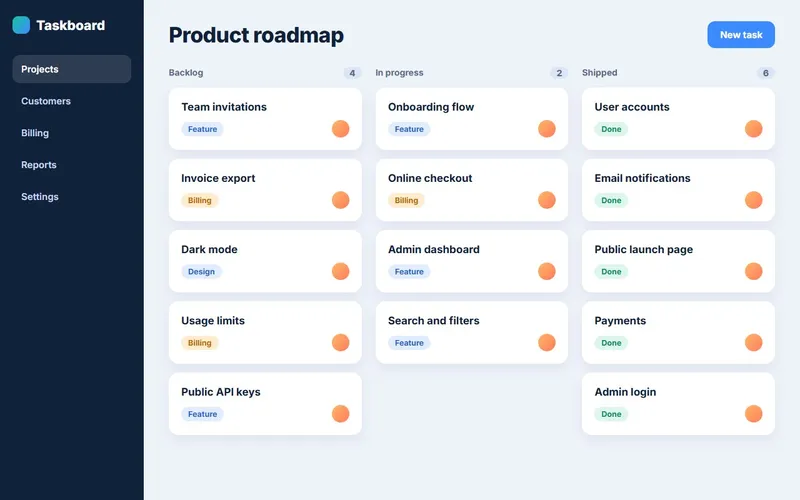Sample web app with a project board shown on a desktop monitor
